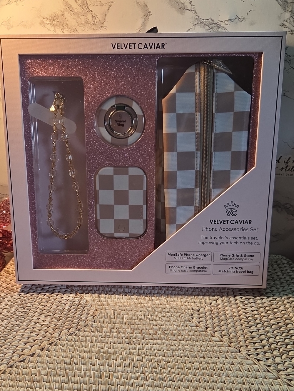 Velvet Caviar Beige Checker Phone Accessories Set with Gold Chain
